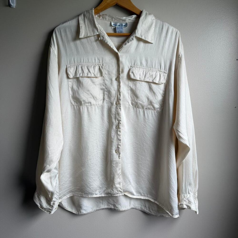 Vintage Anna & Frank Silk Cream Button Up Blouse Pocket Top Size L
